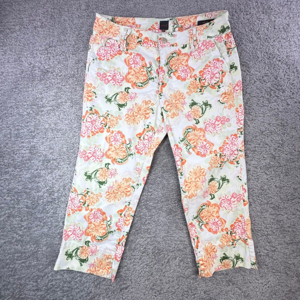 JAG Slim Fit Floral Cropped Pants‎ Womens 12P Orange Pink Green Stretch Capris